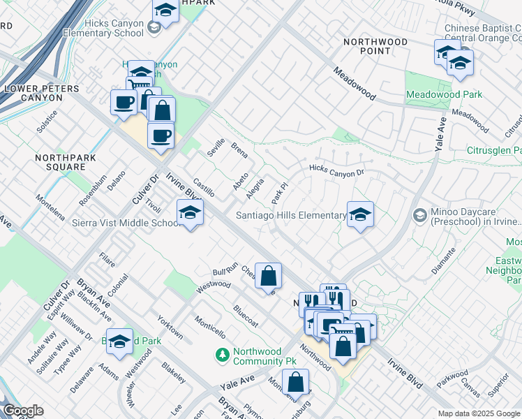 map of restaurants, bars, coffee shops, grocery stores, and more near 30 Alondra in Irvine