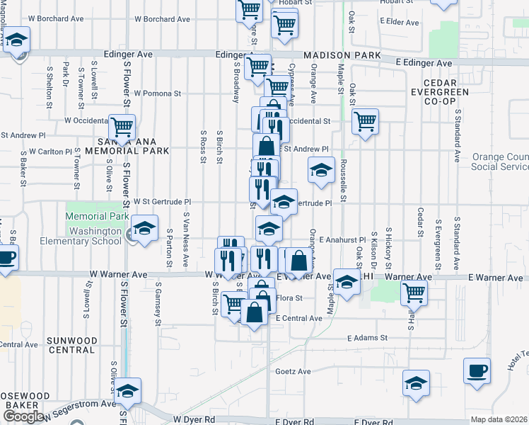 map of restaurants, bars, coffee shops, grocery stores, and more near 2141 South Sycamore Street in Santa Ana