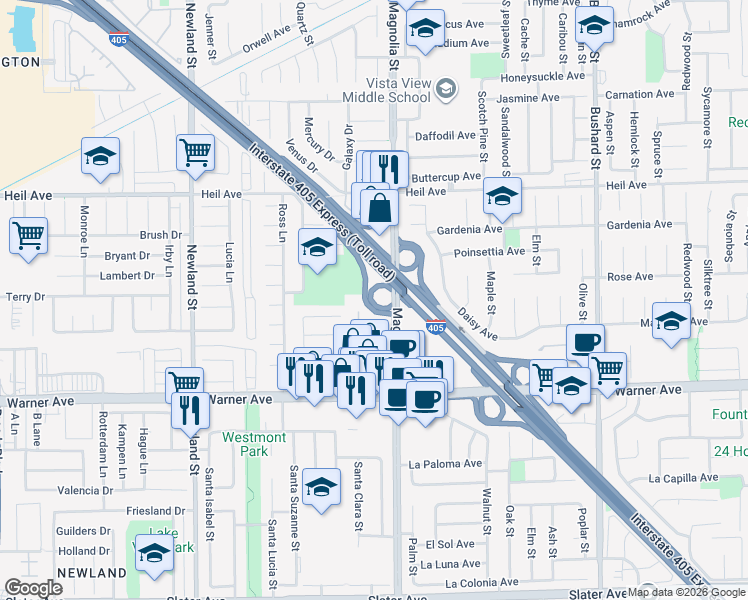 map of restaurants, bars, coffee shops, grocery stores, and more near 16892 Rockcreek Circle in Huntington Beach