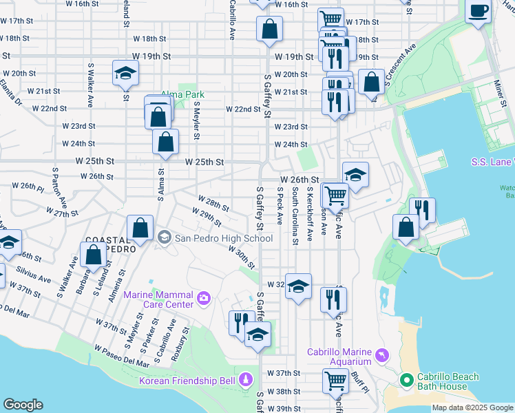 map of restaurants, bars, coffee shops, grocery stores, and more near 2723 South Gaffey Street in Los Angeles