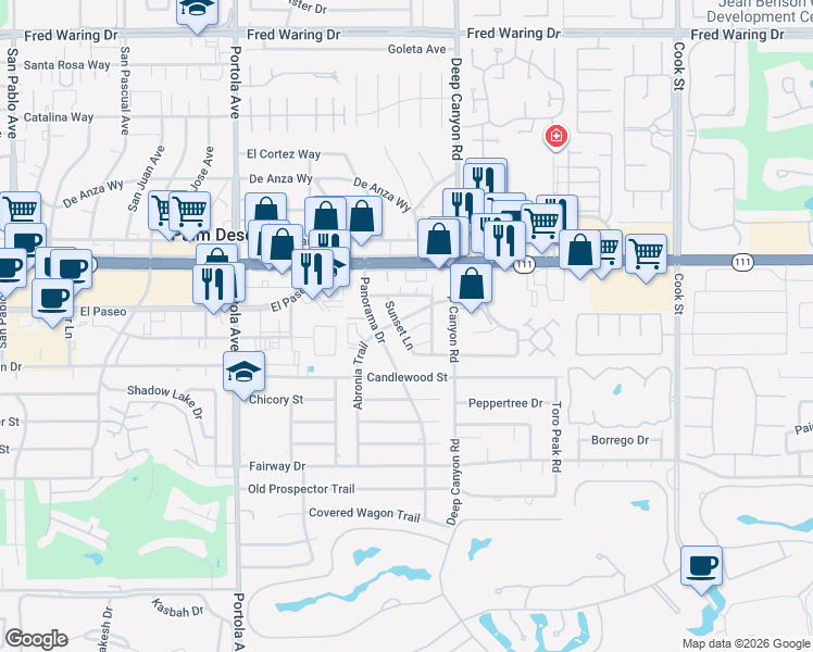 map of restaurants, bars, coffee shops, grocery stores, and more near 45362 Sunset Lane in Palm Desert