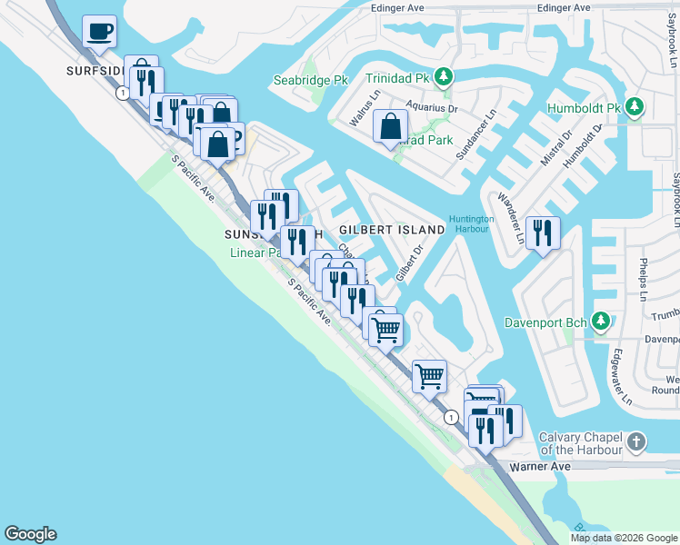map of restaurants, bars, coffee shops, grocery stores, and more near 16778 Bayview Drive in Huntington Beach