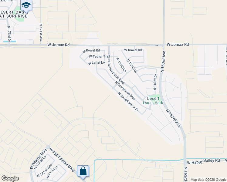 map of restaurants, bars, coffee shops, grocery stores, and more near 25876 North Desert Mesa Drive in Surprise