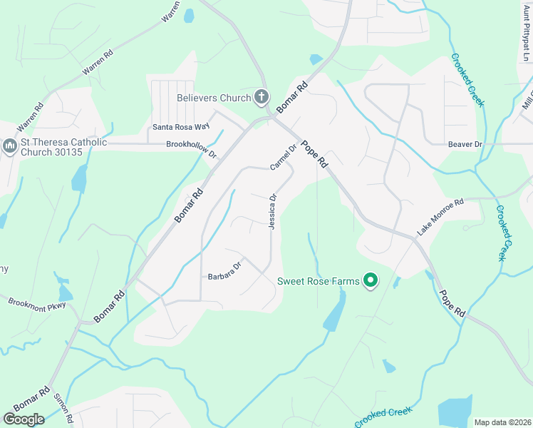 map of restaurants, bars, coffee shops, grocery stores, and more near 3141 Jessica Drive in Douglasville
