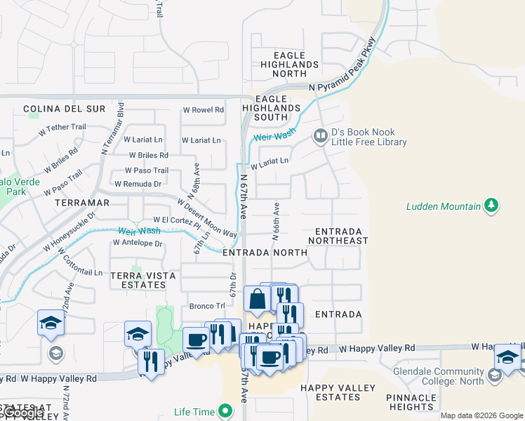 map of restaurants, bars, coffee shops, grocery stores, and more near 6606 West Prickly Pear Trail in Phoenix