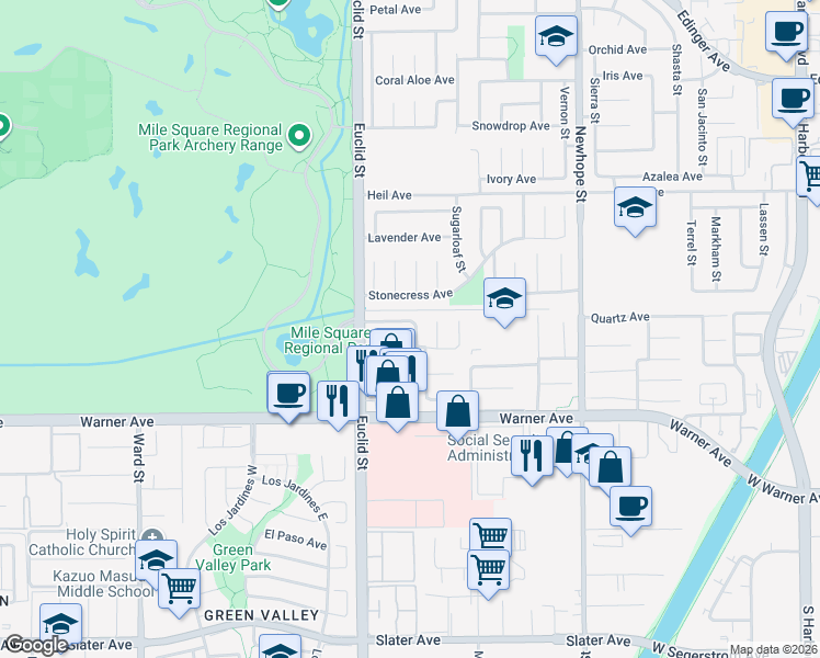 map of restaurants, bars, coffee shops, grocery stores, and more near 11112 Camellia Avenue in Fountain Valley