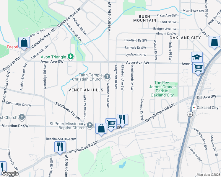 map of restaurants, bars, coffee shops, grocery stores, and more near 1295 Westmont Road Southwest in Atlanta