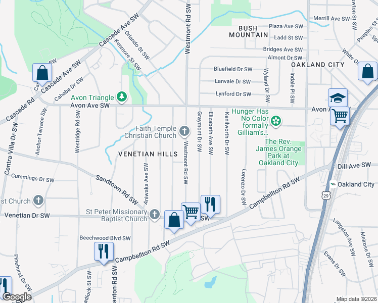 map of restaurants, bars, coffee shops, grocery stores, and more near 1295 Westmont Road Southwest in Atlanta