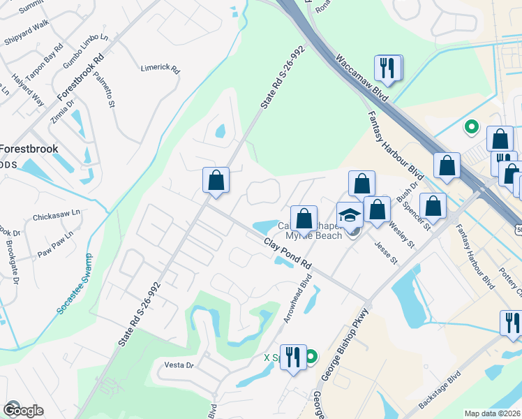 map of restaurants, bars, coffee shops, grocery stores, and more near 111 Fountain Pointe Lane in Myrtle Beach