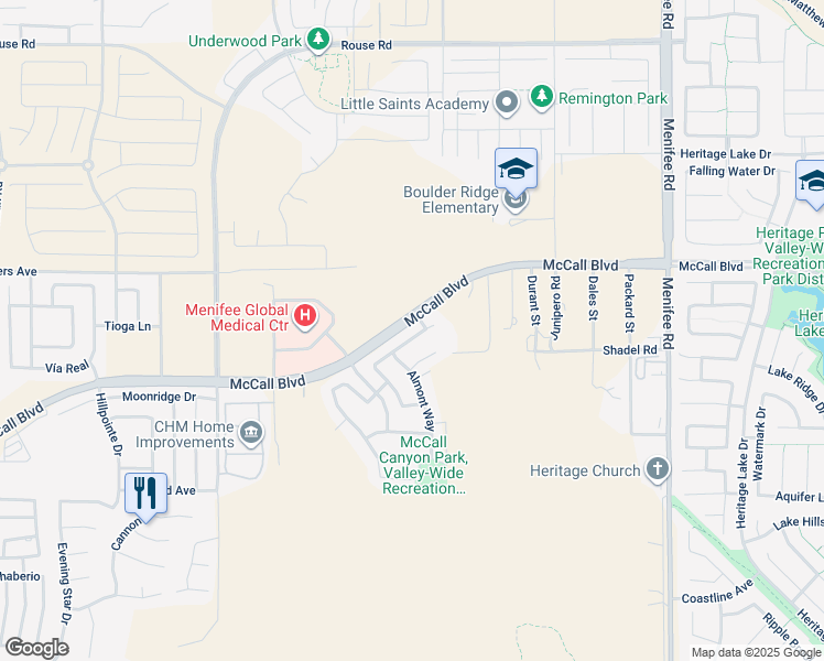 map of restaurants, bars, coffee shops, grocery stores, and more near 28418 Saddlecrest Street in Menifee