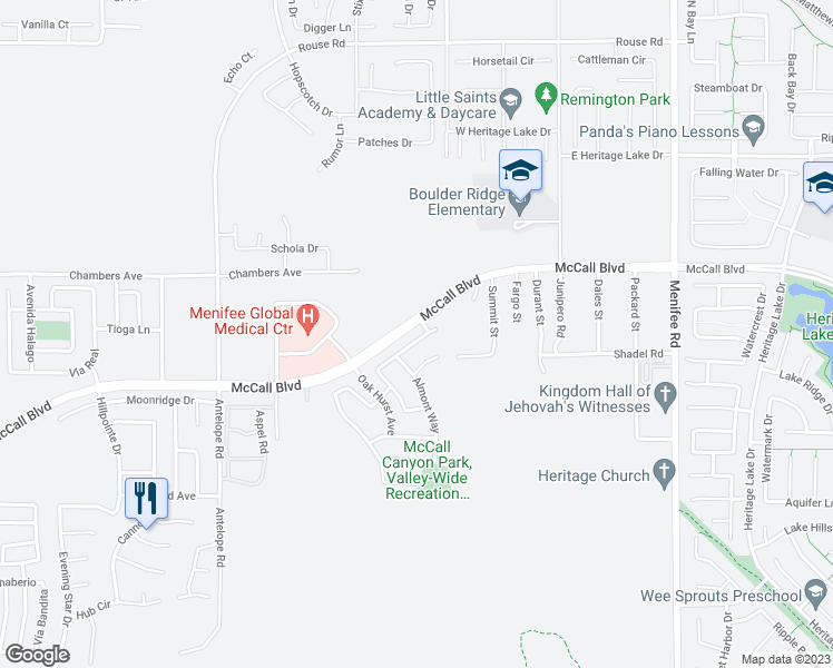 map of restaurants, bars, coffee shops, grocery stores, and more near 28418 Saddlecrest Street in Menifee