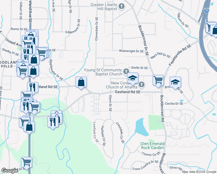 map of restaurants, bars, coffee shops, grocery stores, and more near 2405 Glynn Drive Southeast in Atlanta