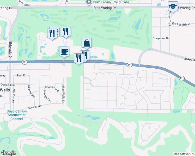 map of restaurants, bars, coffee shops, grocery stores, and more near 45480 Pawnee Road in Indian Wells