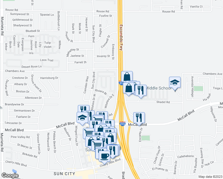 map of restaurants, bars, coffee shops, grocery stores, and more near Brentwood Lane in Menifee