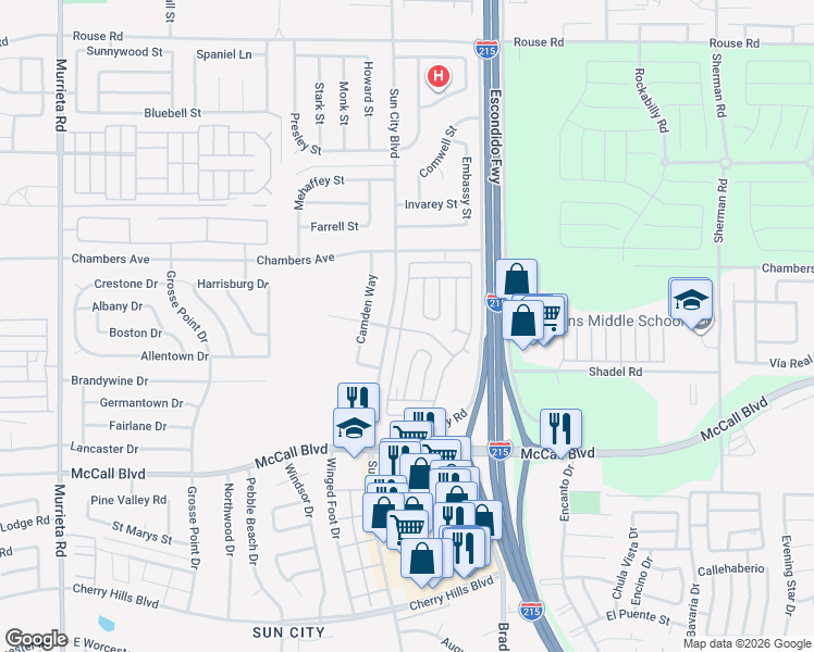 map of restaurants, bars, coffee shops, grocery stores, and more near 27601 Sun City Boulevard in Menifee