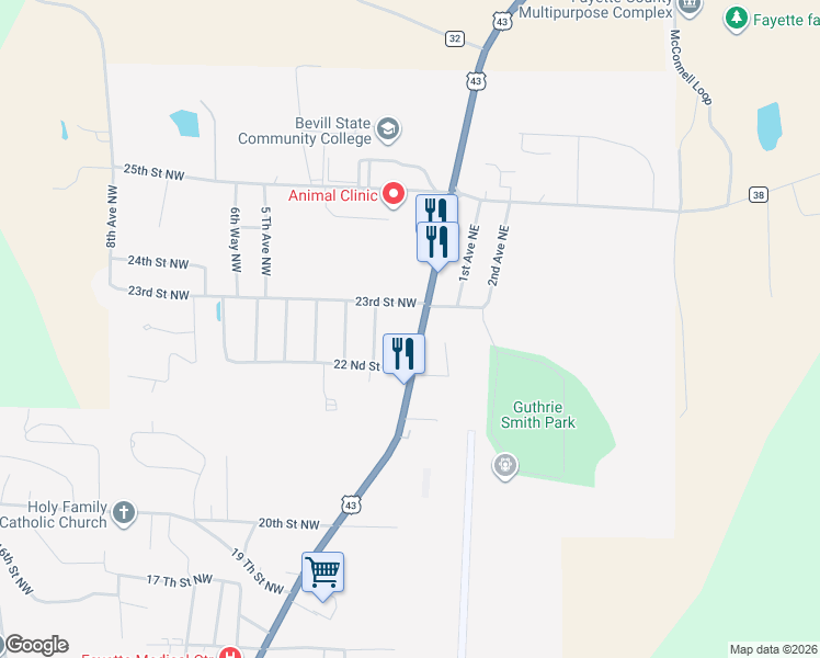 map of restaurants, bars, coffee shops, grocery stores, and more near 110 23rd Street Northwest in Fayette