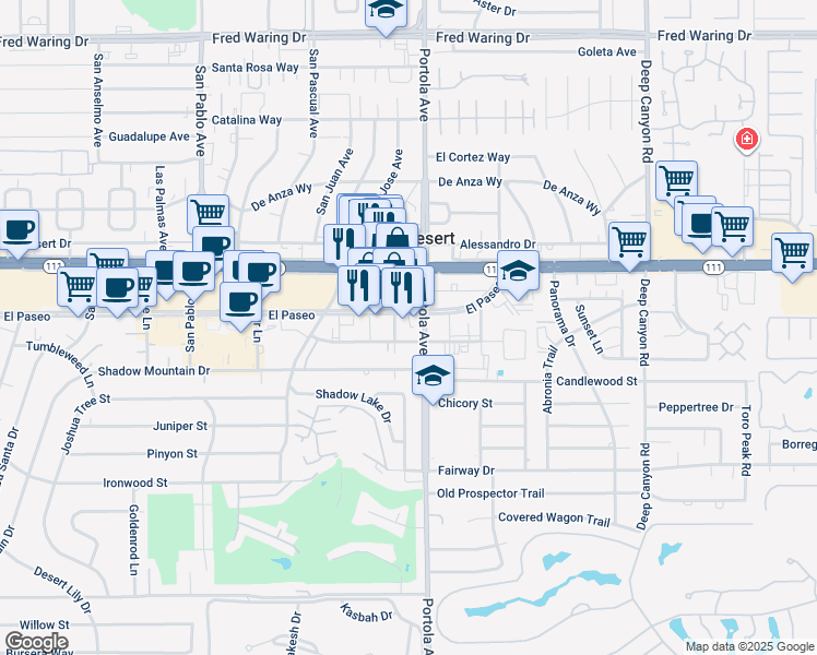 map of restaurants, bars, coffee shops, grocery stores, and more near 73995 El Paseo in Palm Desert