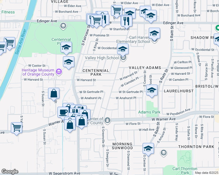 map of restaurants, bars, coffee shops, grocery stores, and more near 2514 West Harvard Street in Santa Ana