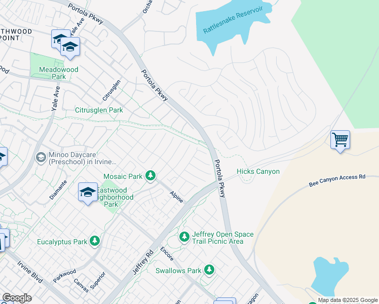 map of restaurants, bars, coffee shops, grocery stores, and more near 214 Parkwood in Irvine