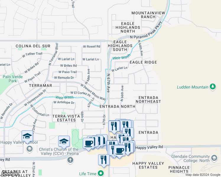 map of restaurants, bars, coffee shops, grocery stores, and more near 25812 North 66th Drive in Phoenix