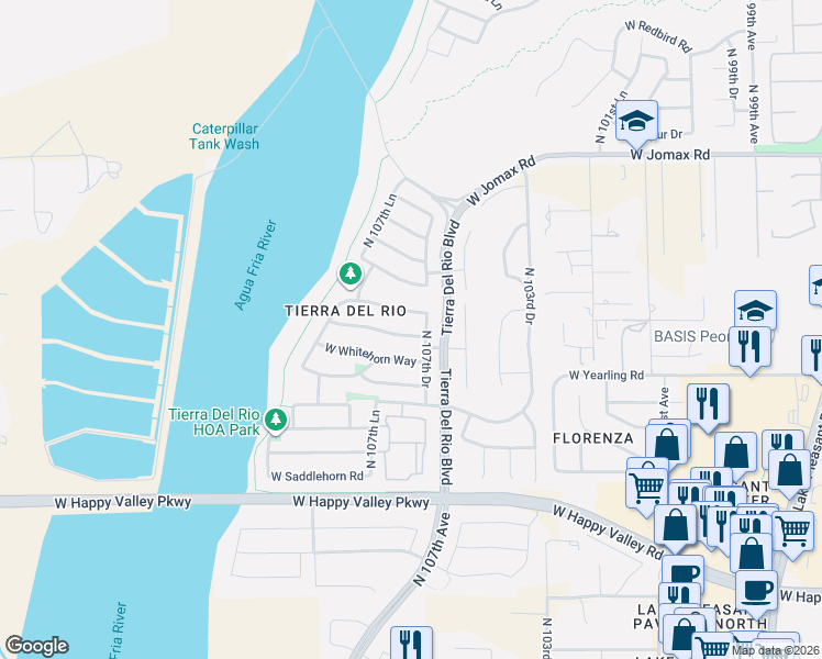 map of restaurants, bars, coffee shops, grocery stores, and more near 10742 West Paso Trail in Peoria