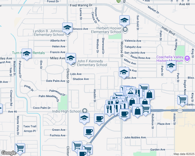 map of restaurants, bars, coffee shops, grocery stores, and more near 81716 Paseo Cielo in Indio