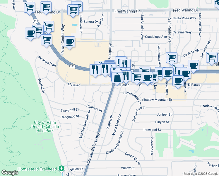 map of restaurants, bars, coffee shops, grocery stores, and more near 73-010 El Paseo in Palm Desert