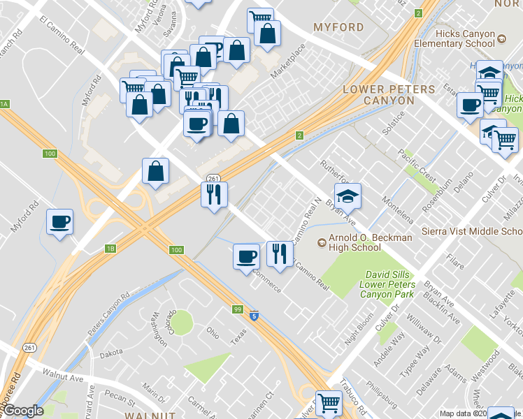 map of restaurants, bars, coffee shops, grocery stores, and more near 523 Wycliffe in Irvine