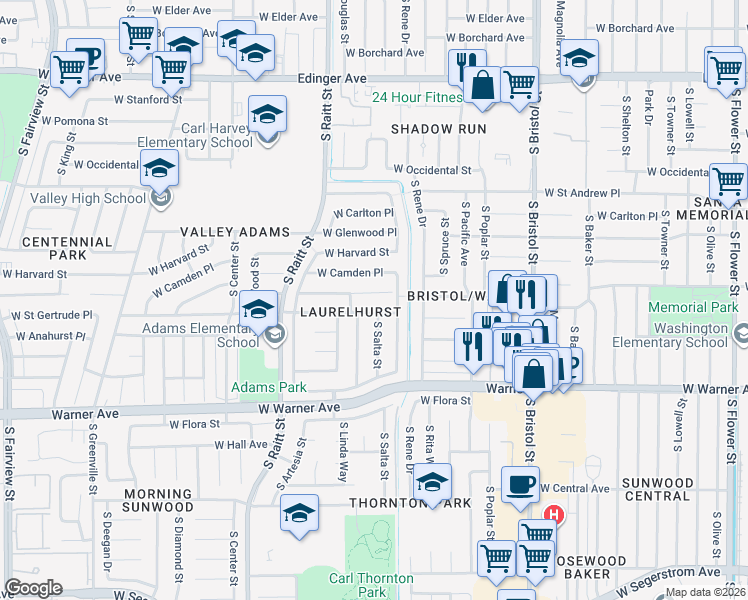map of restaurants, bars, coffee shops, grocery stores, and more near 1810 West Camden Place in Santa Ana