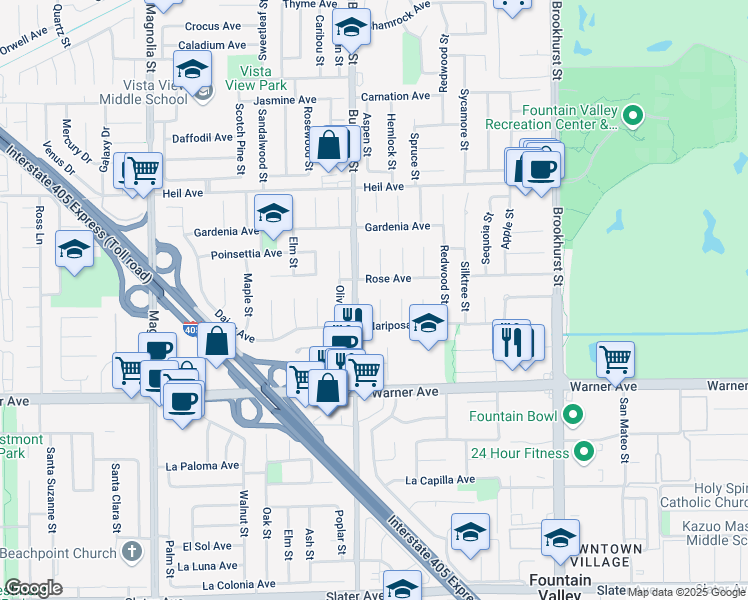 map of restaurants, bars, coffee shops, grocery stores, and more near 9514 Rose Avenue in Fountain Valley
