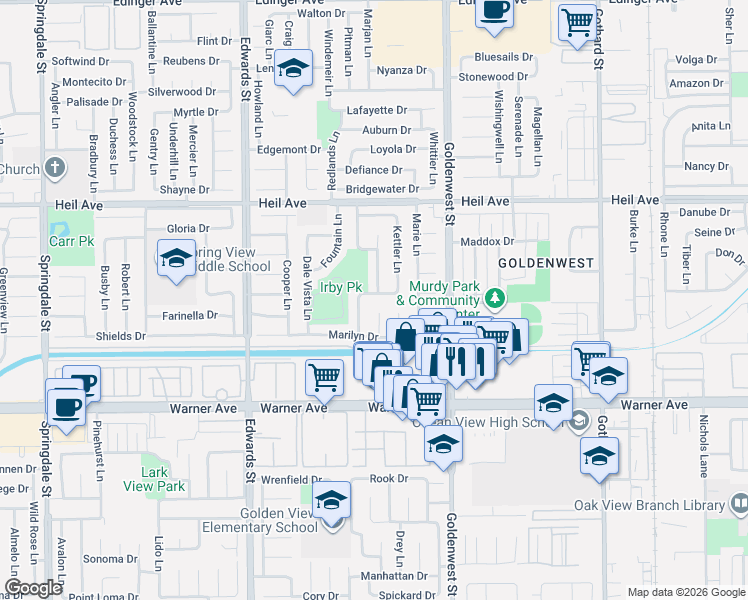 map of restaurants, bars, coffee shops, grocery stores, and more near 16682 Simonne Lane in Huntington Beach