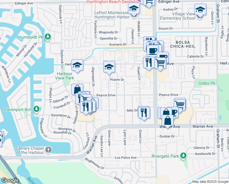 map of restaurants, bars, coffee shops, grocery stores, and more near 16671 Blanton Lane in Huntington Beach