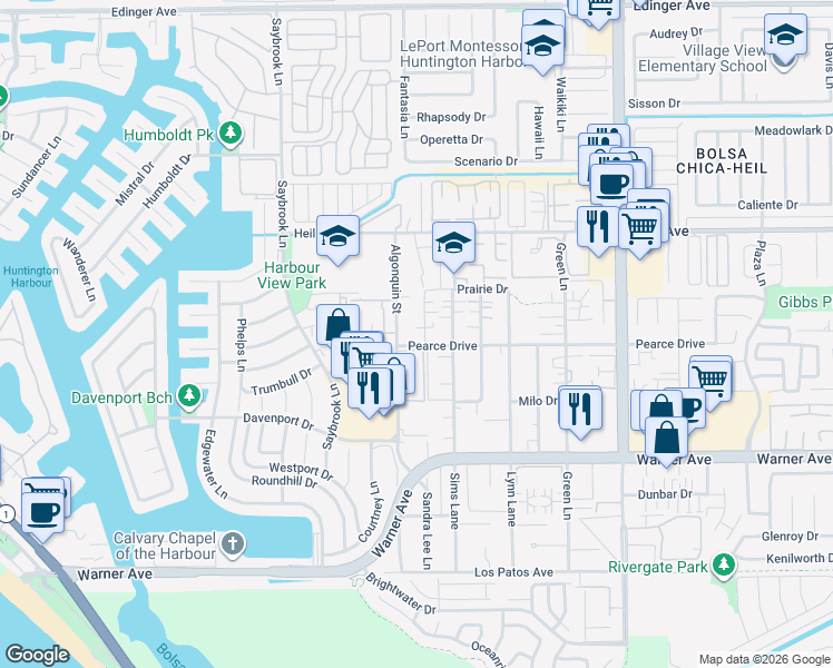 map of restaurants, bars, coffee shops, grocery stores, and more near 16662 Algonquin Street in Huntington Beach