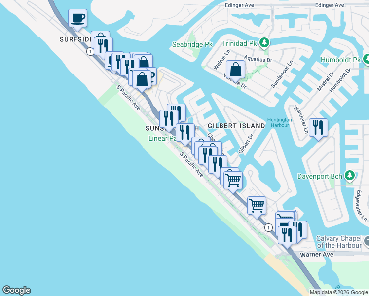 map of restaurants, bars, coffee shops, grocery stores, and more near 16672 California 1 in Huntington Beach