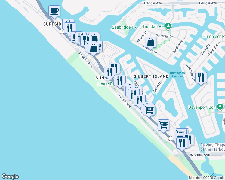 map of restaurants, bars, coffee shops, grocery stores, and more near 16641 South Pacific Avenue in Huntington Beach