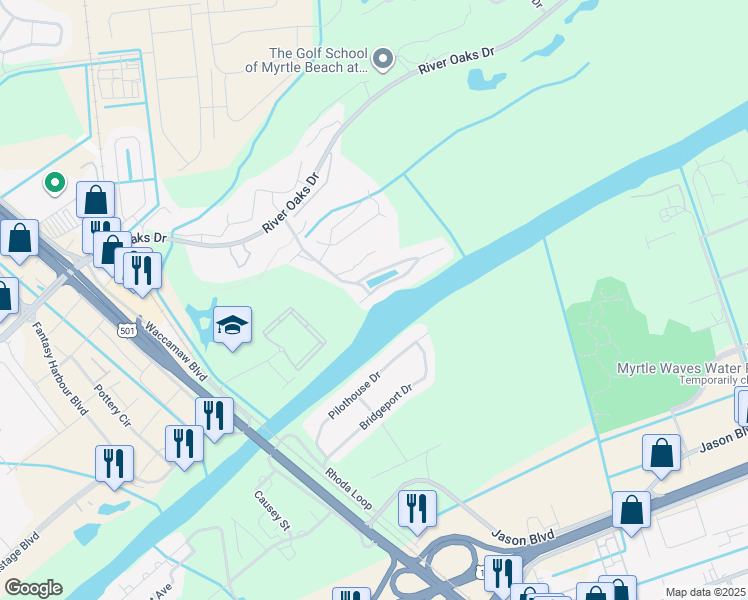 map of restaurants, bars, coffee shops, grocery stores, and more near 616 Waterway Village Boulevard in Myrtle Beach