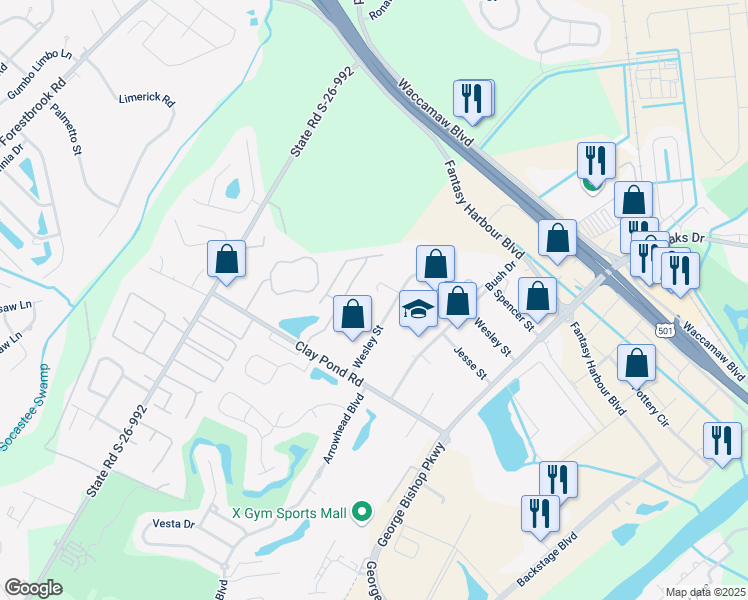 map of restaurants, bars, coffee shops, grocery stores, and more near 3914 Wesley Street in Myrtle Beach