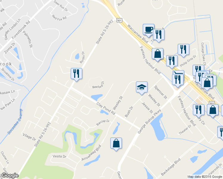 map of restaurants, bars, coffee shops, grocery stores, and more near 3672 Clay Pond Village Lane in Myrtle Beach
