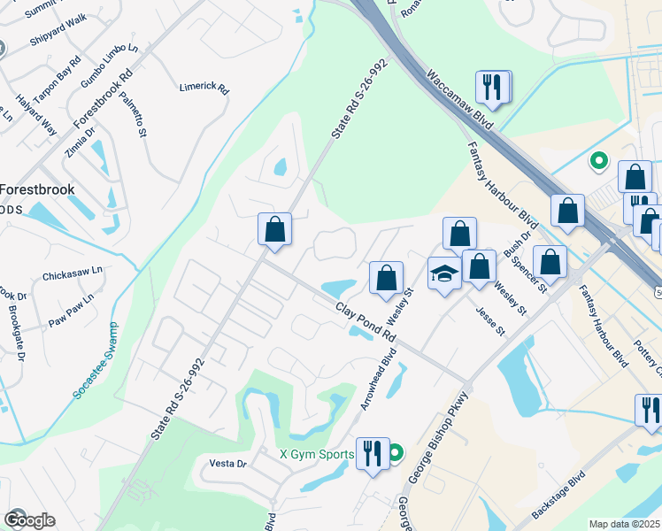 map of restaurants, bars, coffee shops, grocery stores, and more near 109 Rexford Court in Myrtle Beach