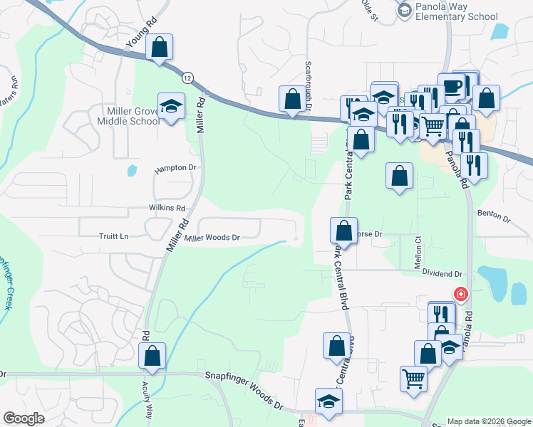 map of restaurants, bars, coffee shops, grocery stores, and more near 5170 Miller Woods Trail in Decatur