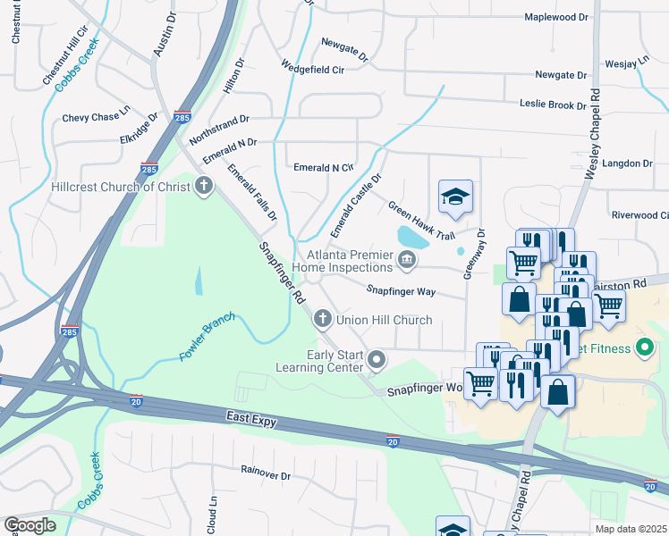 map of restaurants, bars, coffee shops, grocery stores, and more near 3993 Emerald Lake Drive in Decatur