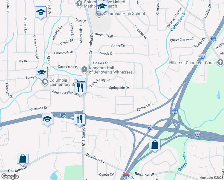 map of restaurants, bars, coffee shops, grocery stores, and more near 3446 Springside Drive in Decatur