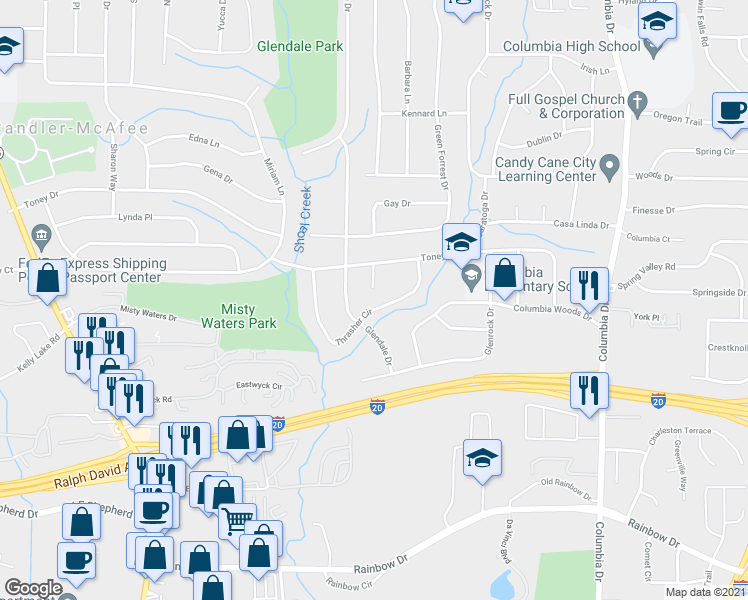 map of restaurants, bars, coffee shops, grocery stores, and more near 2349 Ernest Prather Way in Decatur