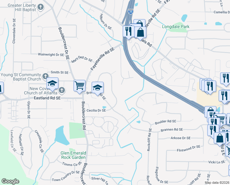 map of restaurants, bars, coffee shops, grocery stores, and more near 1681 Cecilia Drive Southeast in Atlanta