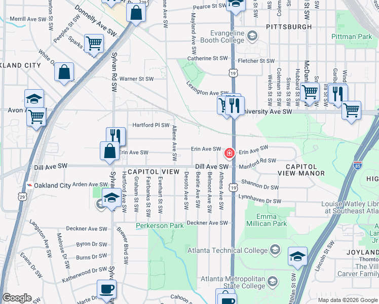 map of restaurants, bars, coffee shops, grocery stores, and more near 728 Erin Avenue Southwest in Atlanta