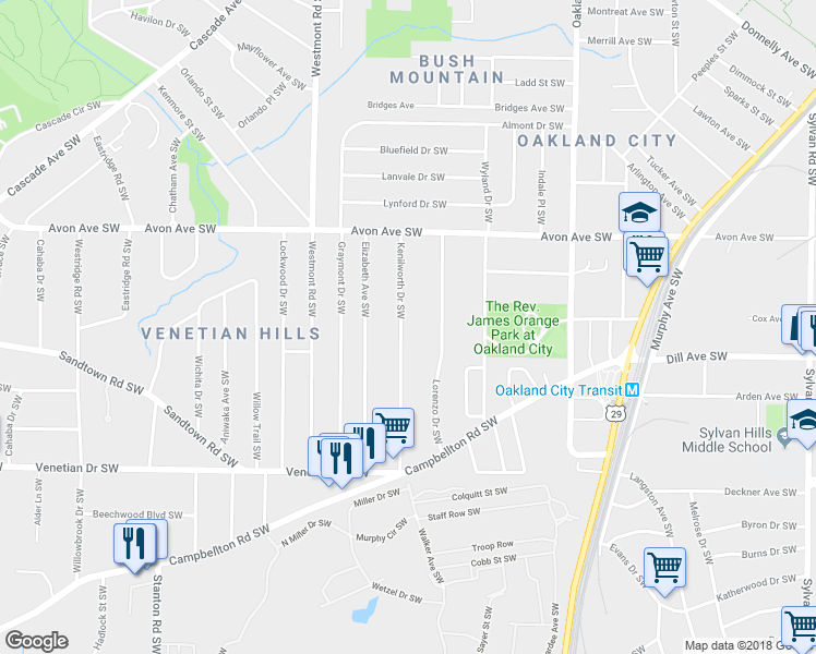 map of restaurants, bars, coffee shops, grocery stores, and more near 1280 Kenilworth Drive Southwest in Atlanta
