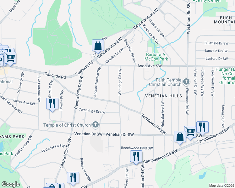 map of restaurants, bars, coffee shops, grocery stores, and more near 1291 Westridge Road Southwest in Atlanta