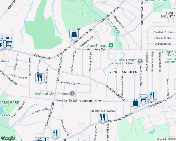 map of restaurants, bars, coffee shops, grocery stores, and more near 1291 Westridge Road Southwest in Atlanta