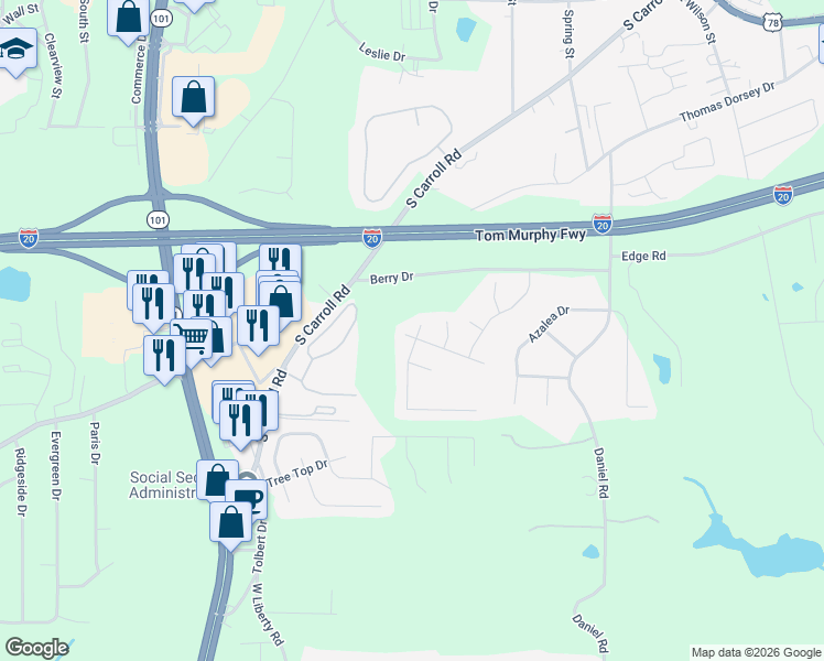 map of restaurants, bars, coffee shops, grocery stores, and more near 426 Ridgewood Drive in Villa Rica