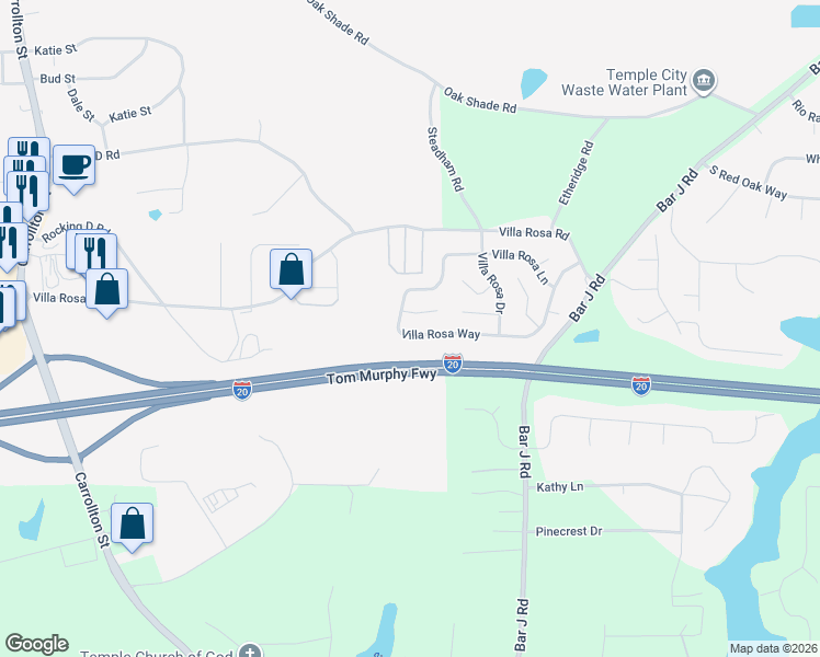 map of restaurants, bars, coffee shops, grocery stores, and more near 212 Villa Rosa Way in Temple